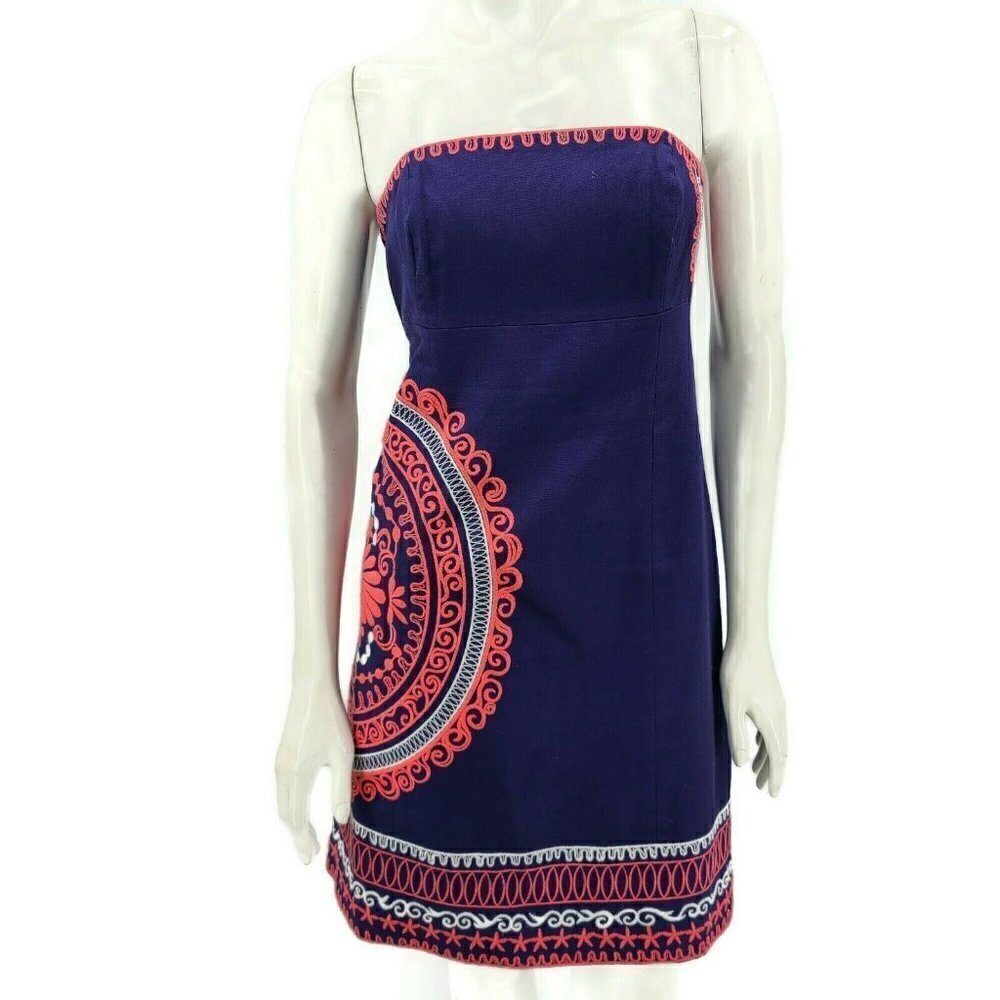 Lilly Pulitzer Bowen Basket Weave Strapless Dress Womens 6 Blue Coral 78490